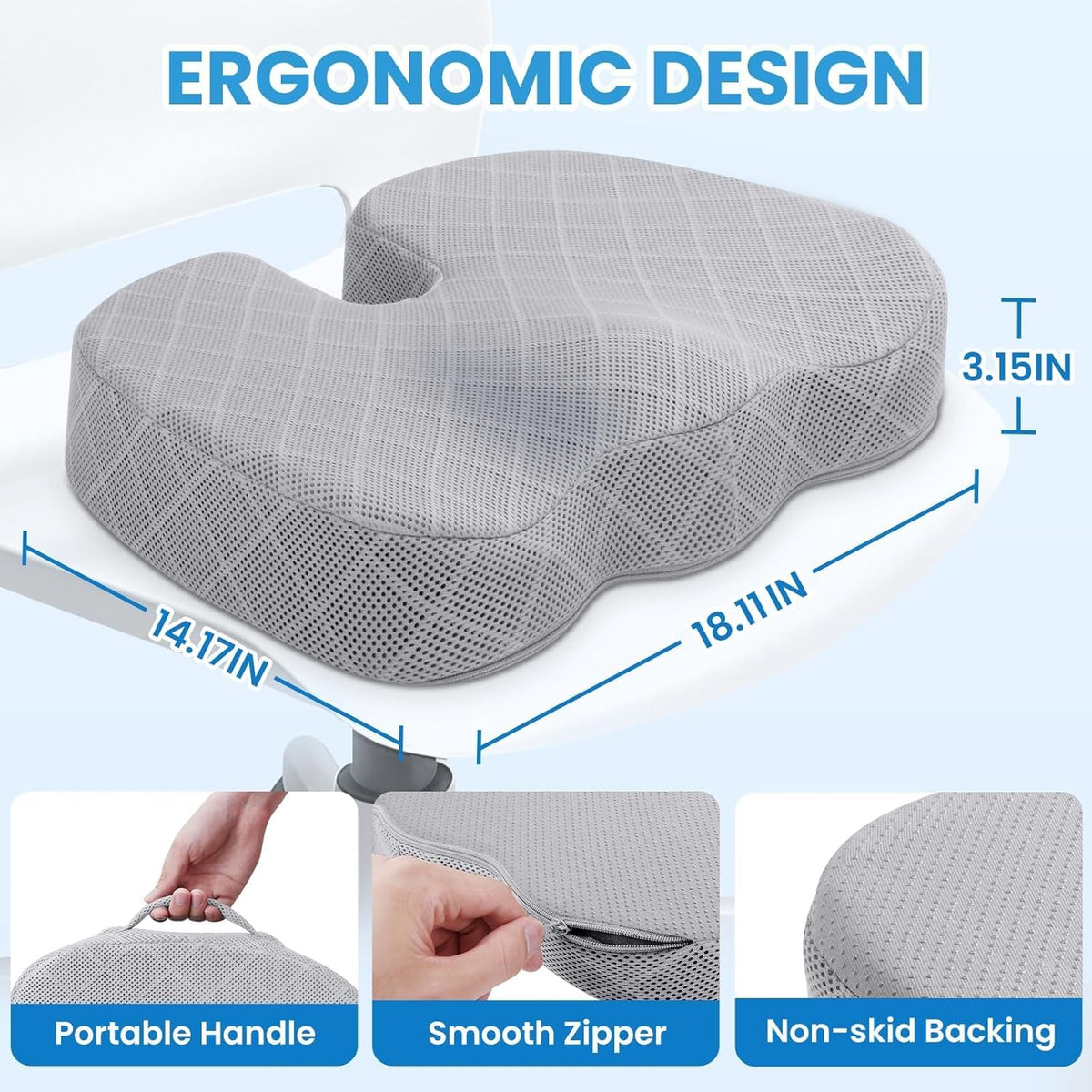 TushGuard Seat Cushion, Memory Foam Office Chair Cushion - Grey, Large