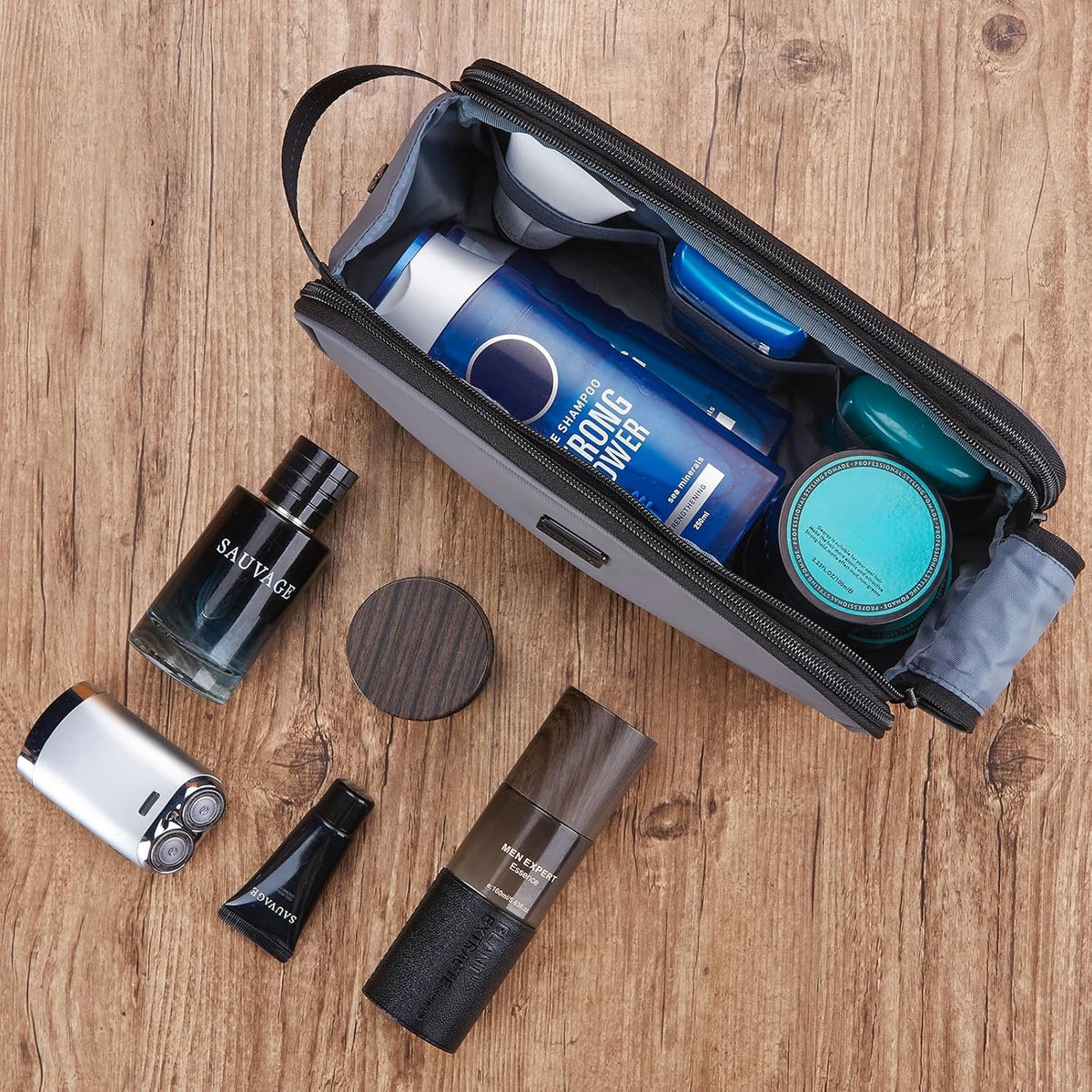 ZEEMO Travel Toiletry Bag for Men, Medium Water-Resistant Double-Sided Full-Open Dopp Kit, Versatile Organizer for Shower and Hygiene Accessories, Bathroom Essentials, Cosmetics, Black