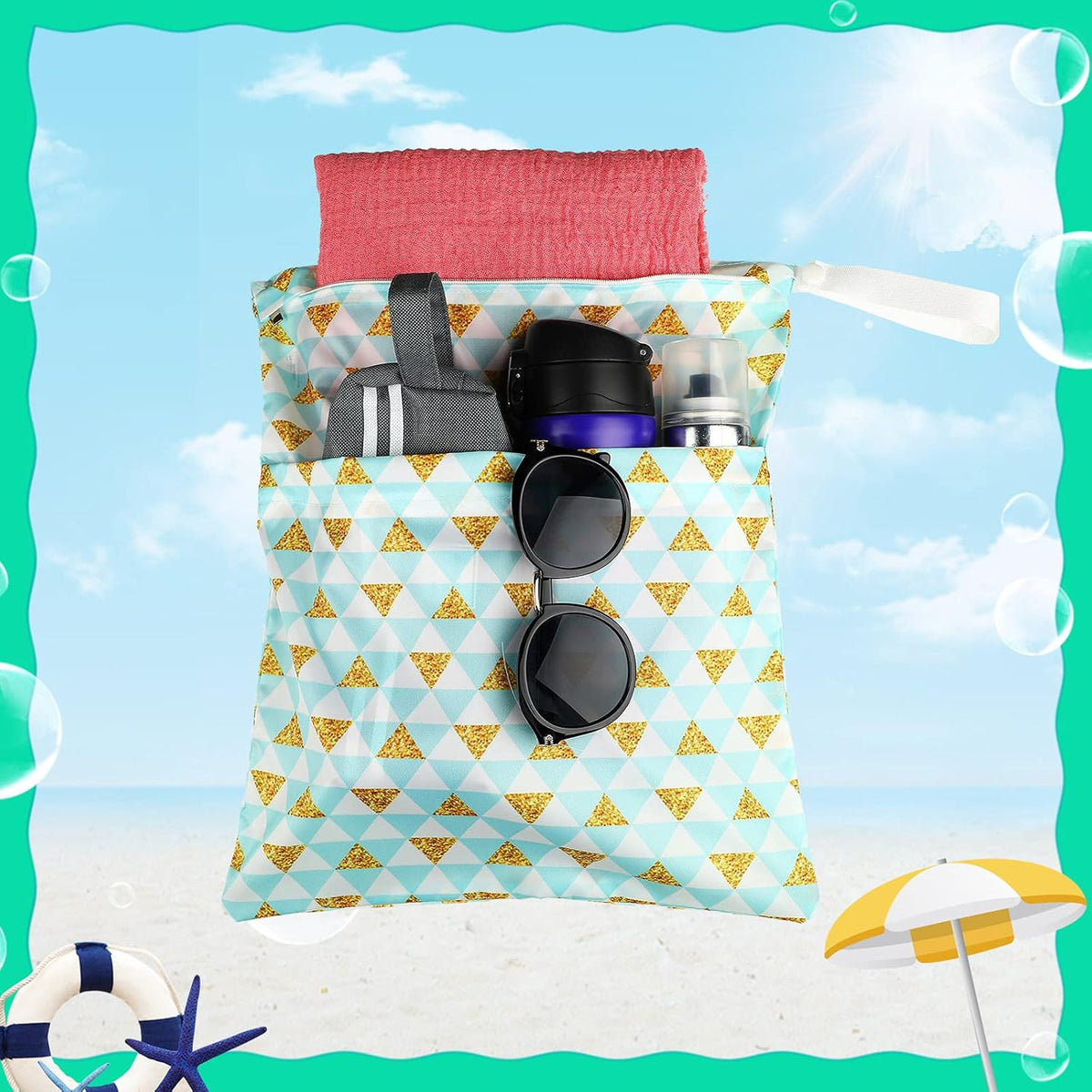 Frienda 4 Pack Wet Bags for Swimsuits, Waterproof Reusable Travel Wet Dry Bags with Zippered Pockets for Beach Pool Swimwear, Towels, Gym, Cloth Diapers, Summer Vacation Essentials(Nautical Style)