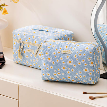HBselect Quilted Makeup Bag, 3PCS Cotton Large Travel Makeup Bag, Cute Floral Coquette Make up Bag Cosmetic Bag Toiletry Bag for Women Girls - Colors B
