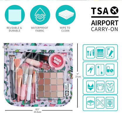 HIONXMGA TSA Approved Toiletry Bag, Set of 3 Clear Travel Toiletry Bag Quart Size Zipper Travel Pouch, Waterproof Makeup Cosmetic Bag for Women Men Kids Toiletries Carry on, Cacti A