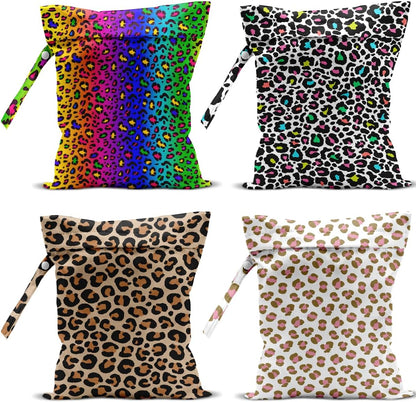 4 Pack Colorful Neon Leopard Print Wet Bag Waterproof Reusable Wet Dry Bag for Swimsuit Dirty Clothes Diaper Travel Pool Beach Yoga Gym Travel Party Birthday Christmas Toiletries Beach Essentials