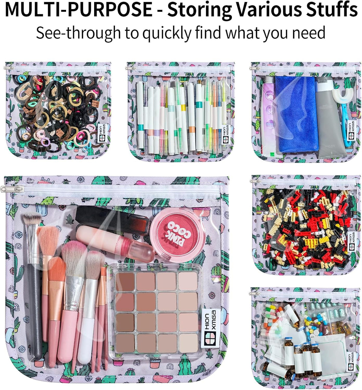 HIONXMGA TSA Approved Toiletry Bag, Set of 3 Clear Travel Toiletry Bag Quart Size Zipper Travel Pouch, Waterproof Makeup Cosmetic Bag for Women Men Kids Toiletries Carry on, Cacti A
