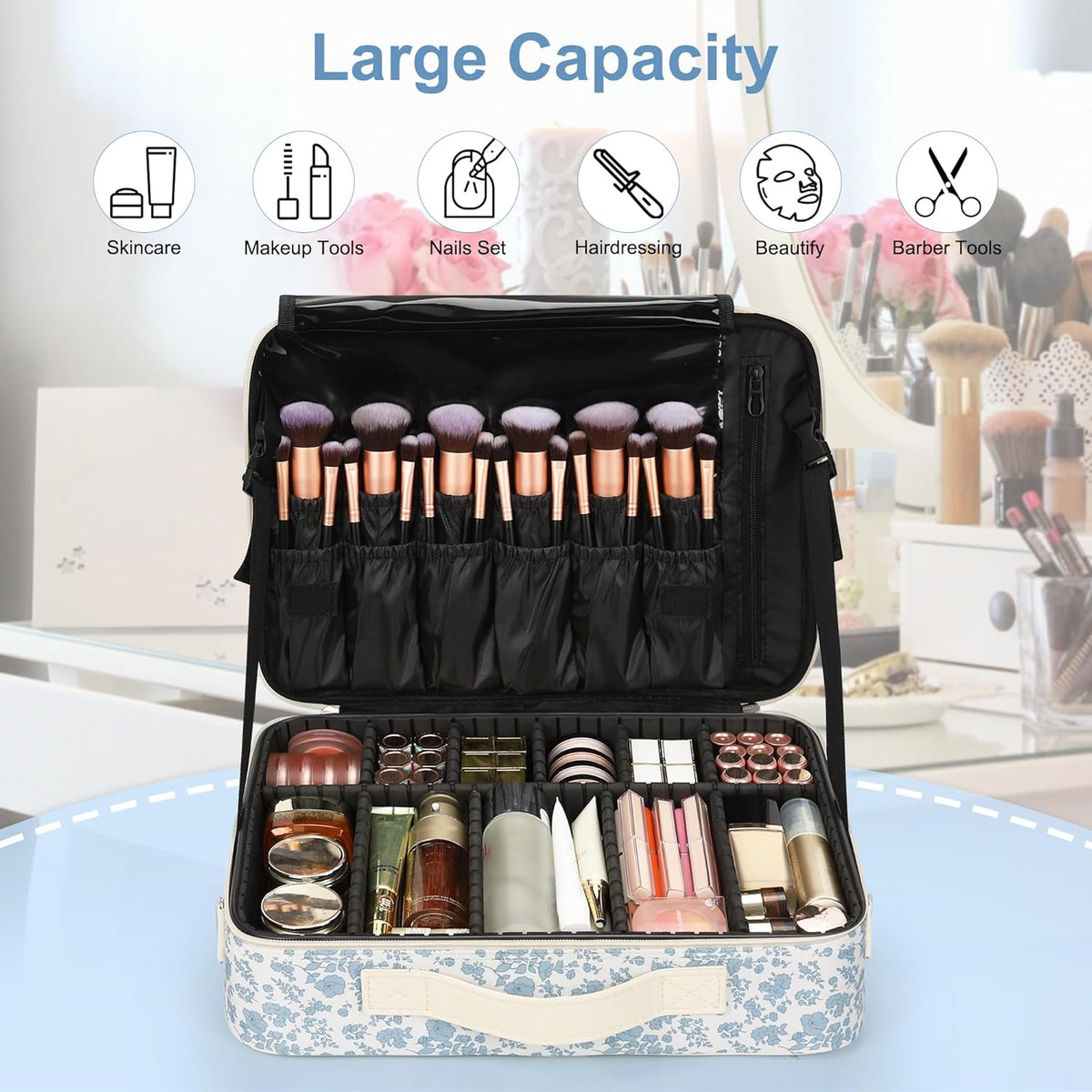 Relavel Travel Makeup Train Case Makeup Cosmetic Case Organizer Portable Artist Storage Bag with Adjustable Dividers for Cosmetics Makeup Brushes Toiletry Jewelry Digital Accessories Black