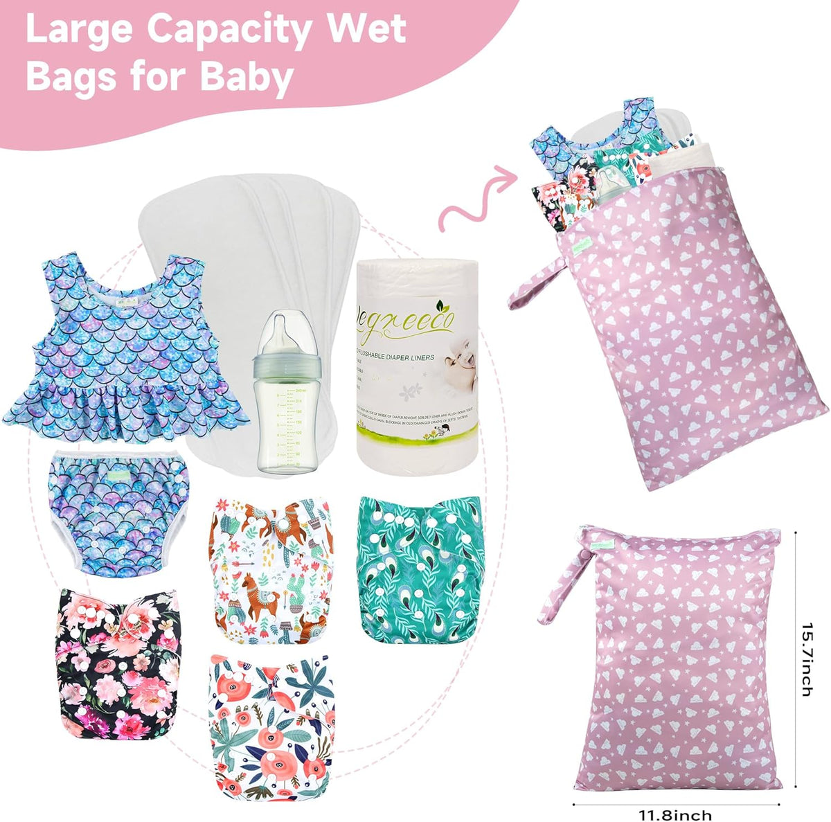 wegreeco Wet Dry Bag for Baby Swimsuit, Small Wet Dry Bag for Clothes Diaper and Breast Pump Parts, Large Baby bag for Travel,Gym Clothes,Beach,Pool,Extra Clothes (Chrysanthemum,2 Pack)