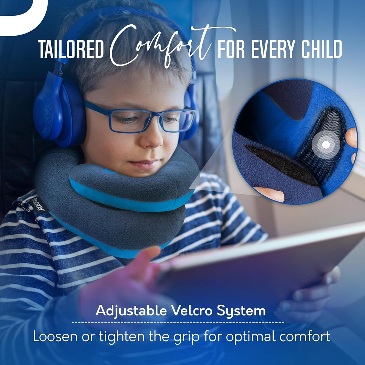 BCOZZY Travel Neck Pillow for Airplane – Patented Double Support for Head, Neck, and Chin. Best for Long Flights, Plane Sleeping, and Car Rides. Adjustable Size. Fully Washable. Carry Bag. Large, Navy