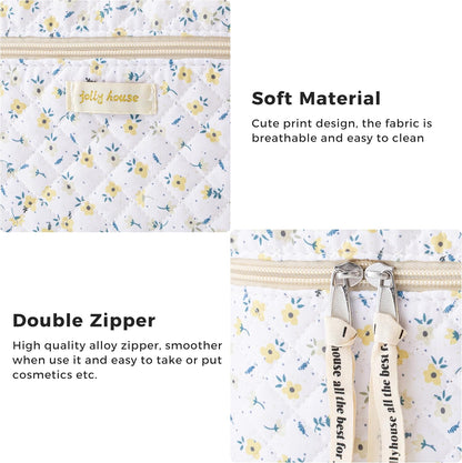 HBselect Quilted Makeup Bag, 3PCS Cotton Large Travel Makeup Bag, Cute Floral Coquette Make up Bag Cosmetic Bag Toiletry Bag for Women Girls - Colors A