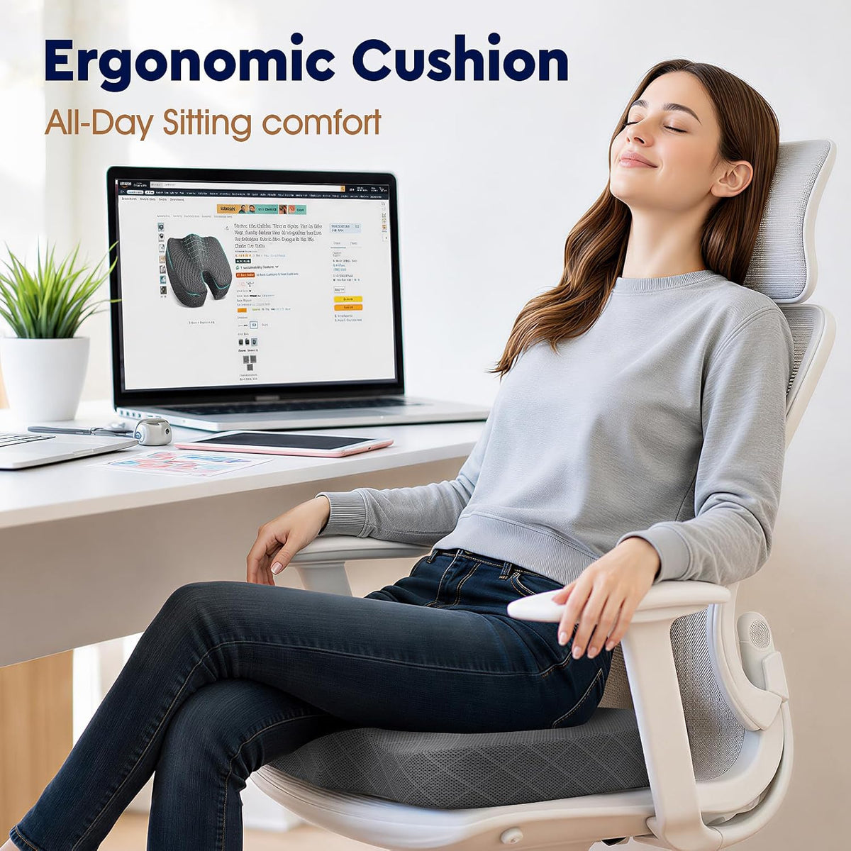 TushGuard Seat Cushion, Memory Foam Office Chair Cushion - Grey, Large
