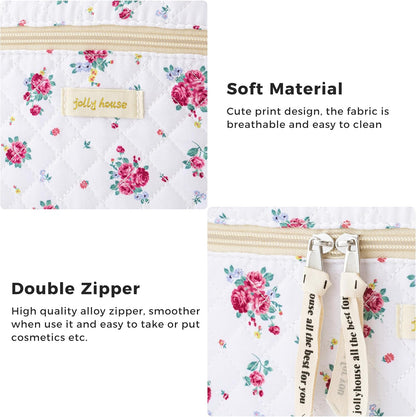 HBselect Quilted Makeup Bag, 3PCS Cotton Large Travel Makeup Bag, Cute Floral Coquette Make up Bag Cosmetic Bag Toiletry Bag for Women Girls - Colors B