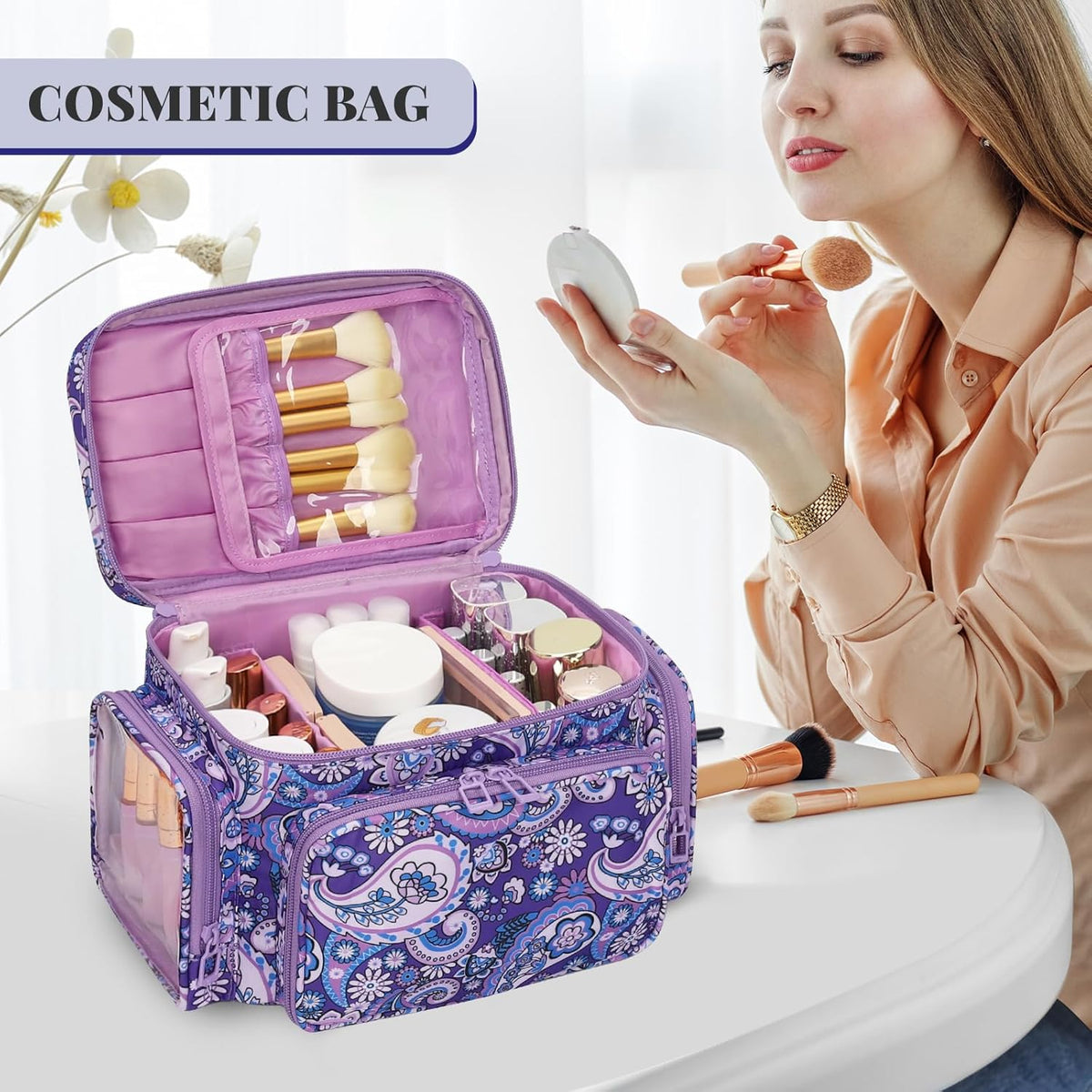 Bagmoly Large Makeup Bag, Portable Travel Makeup Bag Organizer for Women Girls with Makeup Brush Compartment & Two Side Pockets, Cosmetic Travel Bag Vertical Storage Toiletry Bag - Black