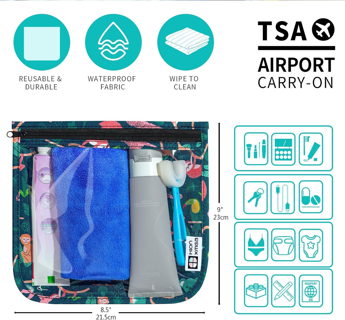 HIONXMGA TSA Approved Toiletry Bag, Set of 3 Clear Travel Toiletry Bag Quart Size Zipper Travel Pouch, Waterproof Makeup Cosmetic Bag for Women Men Kids Toiletries Carry on, Cacti A