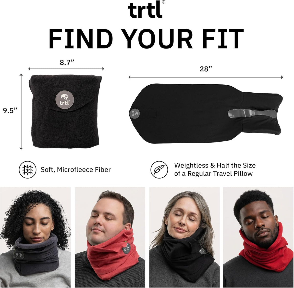Trtl Pillow - Scientifically Proven, Super Soft Neck Support Travel Pillow for Airplanes - Lightweight and Machine Washable - Ergonomic Design for Traveling on Flights, Cars, and Trains - Black