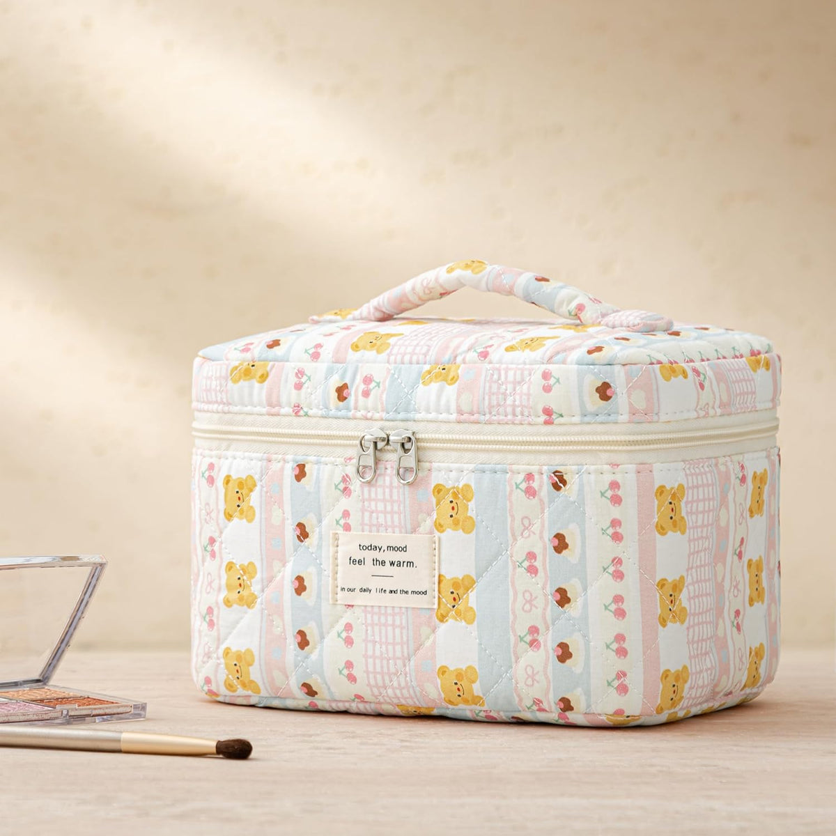 HBselect Quilted Makeup Bag, 3PCS Cotton Large Travel Makeup Bag, Cute Floral Coquette Make up Bag Cosmetic Bag Toiletry Bag for Women Girls - Colors B