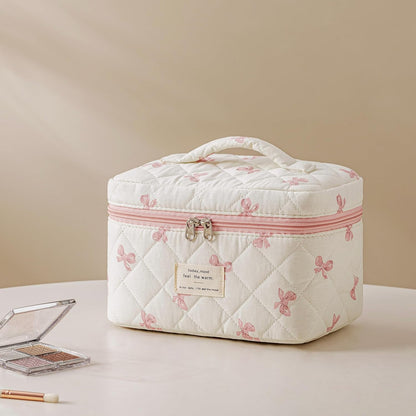 HBselect Quilted Makeup Bag, 3PCS Cotton Large Travel Makeup Bag, Cute Floral Coquette Make up Bag Cosmetic Bag Toiletry Bag for Women Girls - Colors A