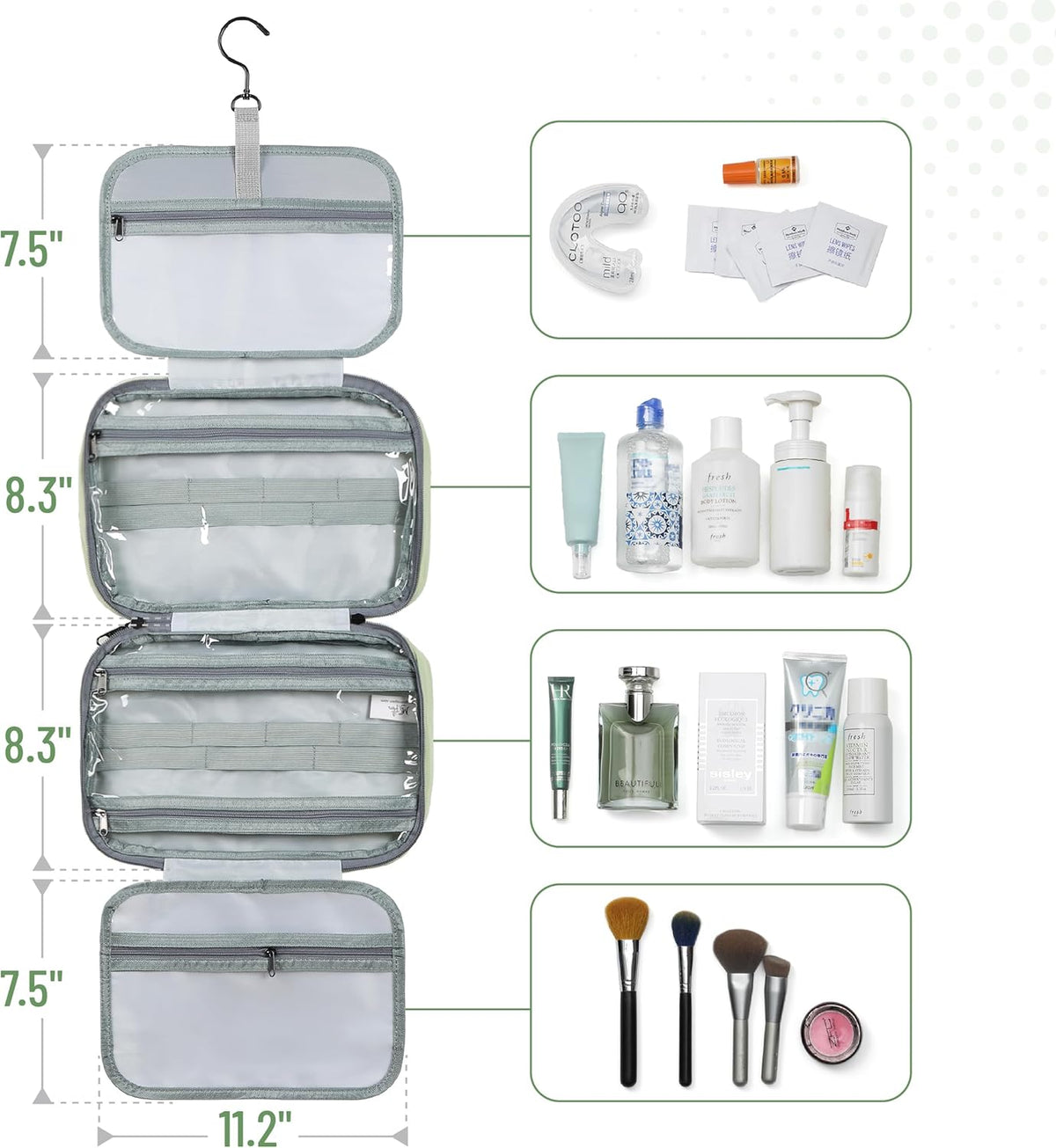 Ms. Pen- Travel Toiletry Bag Organizers, Green, Makeup Travel Bag for Toiletries with Hanging Hook, Water-Resistant