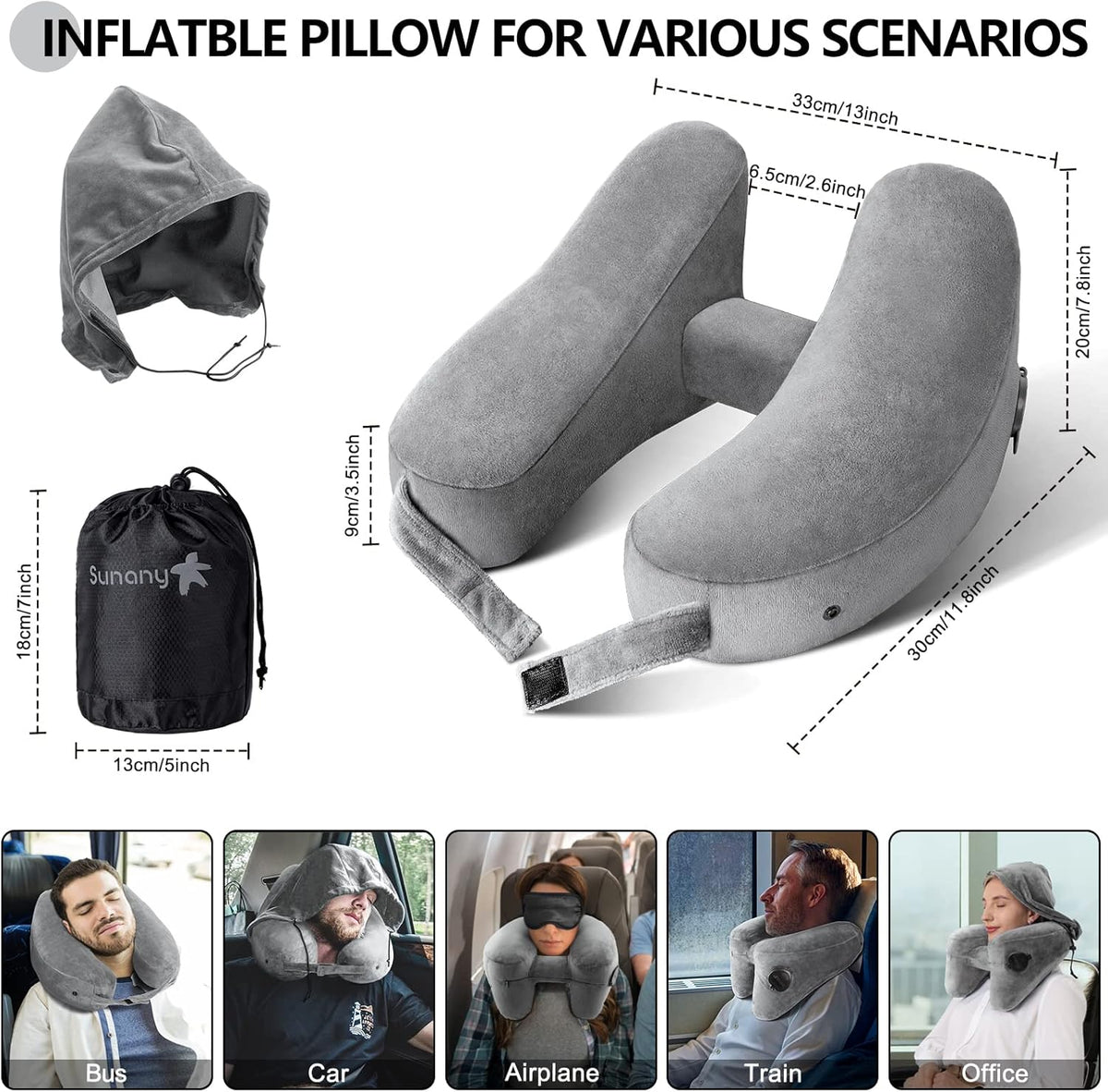 Sunany Travel Neck Pillow for Airplane Pillow Comfortably Supports Head, Neck and Chin, Inflatable Travel Pillow with Soft Velour Cover and Portable Drawstring Bag (Black, H-Shape)