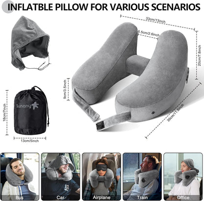 Sunany Travel Neck Pillow for Airplane Pillow Comfortably Supports Head, Neck and Chin, Inflatable Travel Pillow with Soft Velour Cover and Portable Drawstring Bag (Black, H-Shape)