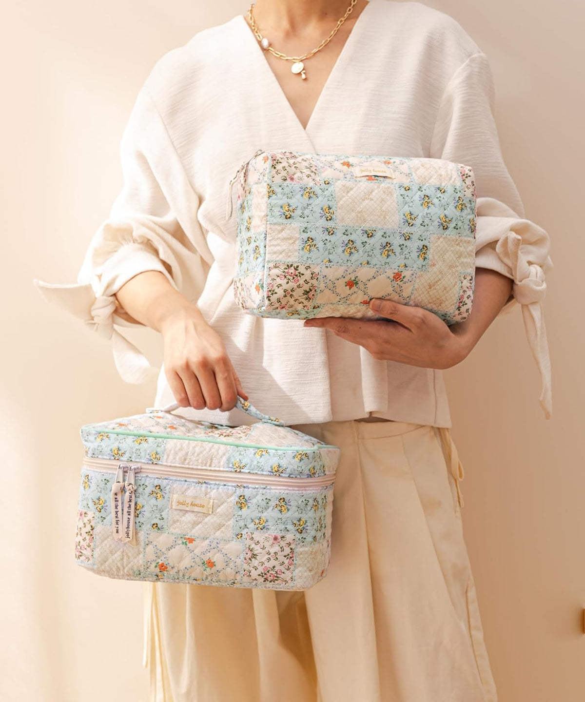HBselect Quilted Makeup Bag, 3PCS Cotton Large Travel Makeup Bag, Cute Floral Coquette Make up Bag Cosmetic Bag Toiletry Bag for Women Girls - Colors A
