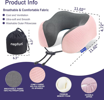 napfun Neck Pillow for Traveling, Upgraded Travel Neck Pillow for Airplane 100% Pure Memory Foam Travel Pillow for Flight Headrest Sleep, Portable Plane Accessories, Light Grey