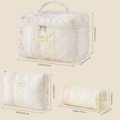 HBselect Quilted Makeup Bag, 3PCS Cotton Large Travel Makeup Bag, Cute Floral Coquette Make up Bag Cosmetic Bag Toiletry Bag for Women Girls - Colors A