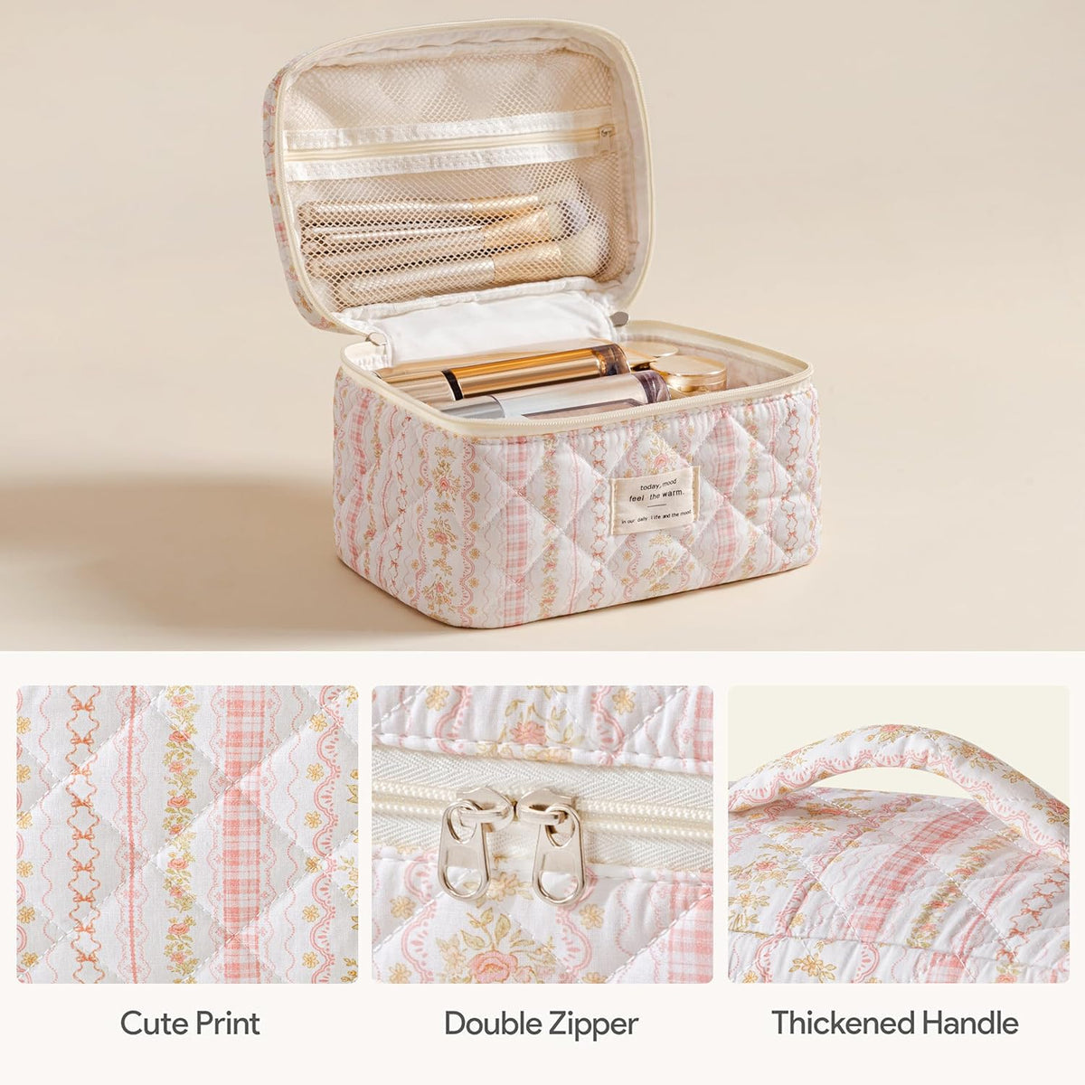 HBselect Quilted Makeup Bag, 3PCS Cotton Large Travel Makeup Bag, Cute Floral Coquette Make up Bag Cosmetic Bag Toiletry Bag for Women Girls - Colors B