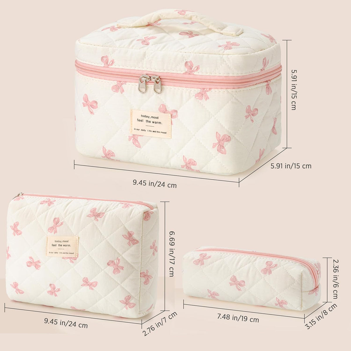 HBselect Quilted Makeup Bag, 3PCS Cotton Large Travel Makeup Bag, Cute Floral Coquette Make up Bag Cosmetic Bag Toiletry Bag for Women Girls - Colors A