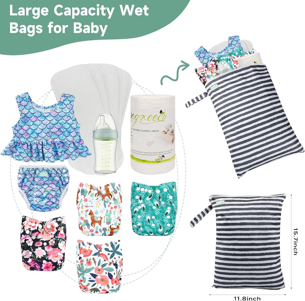 wegreeco Wet Dry Bag for Baby Swimsuit, Small Wet Dry Bag for Clothes Diaper and Breast Pump Parts, Large Baby bag for Travel,Gym Clothes,Beach,Pool,Extra Clothes (Chrysanthemum,2 Pack)