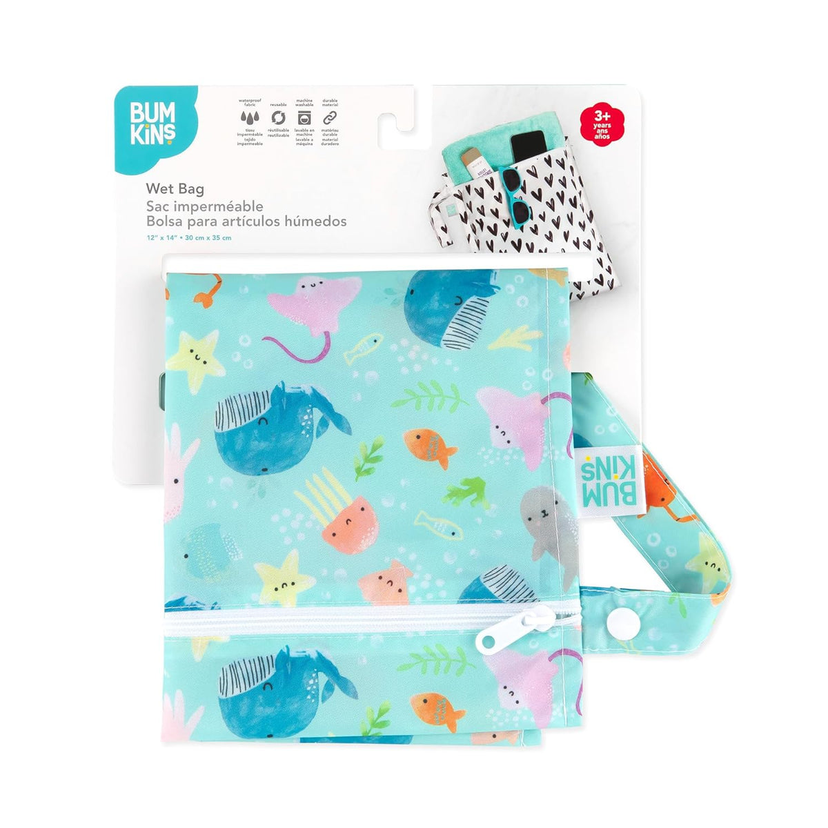 Bumkins Waterproof Wet Bag for Baby, Travel, Swim Suit, Cloth Diapers, Pump Parts, Pool, Beach, Gym Clothes, Toiletry, Hook to Stroller, Daycare, Zipper Reusable Wetdry Packing Pouch, Jungle