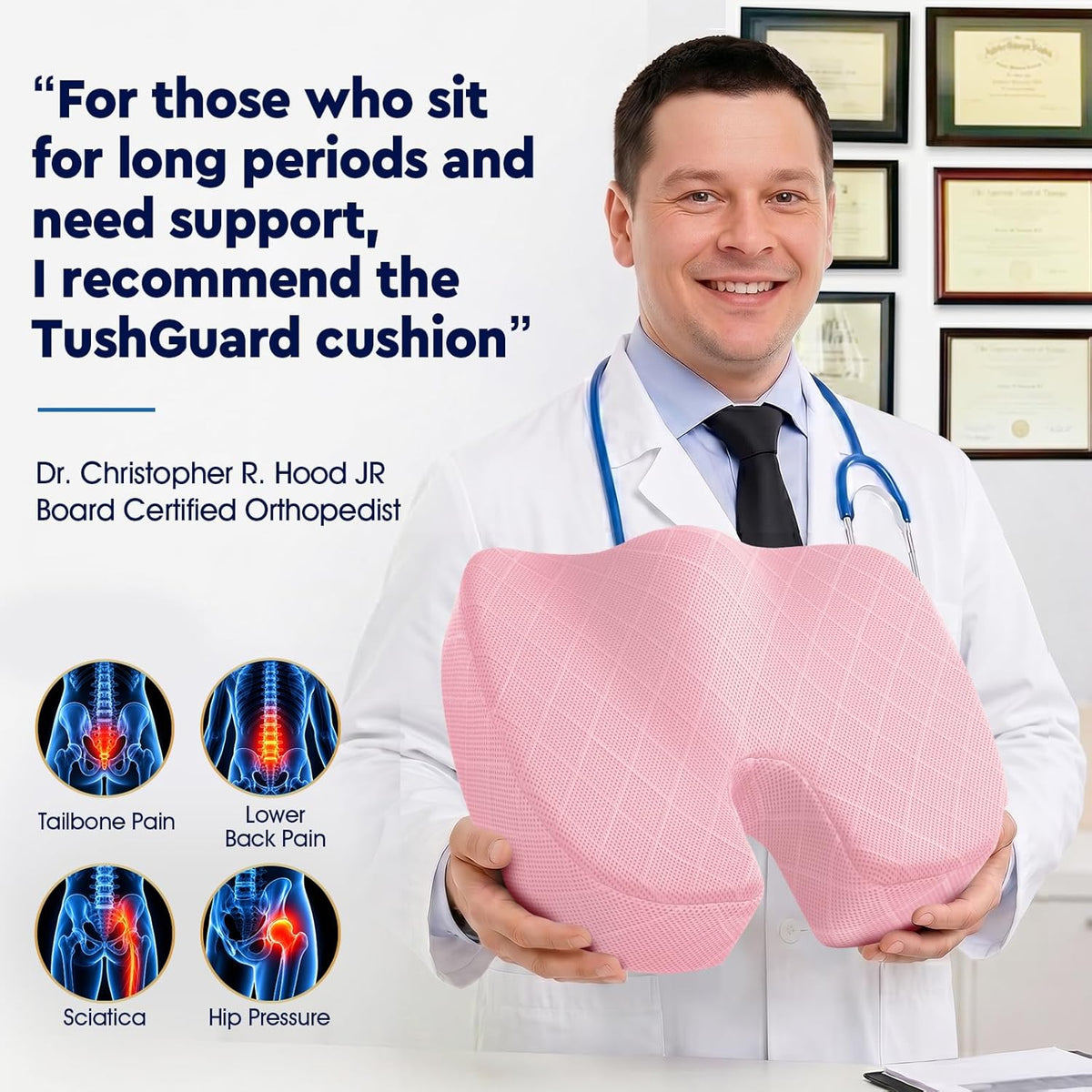 TushGuard Seat Cushion, Memory Foam Office Chair Cushion - Grey, Large