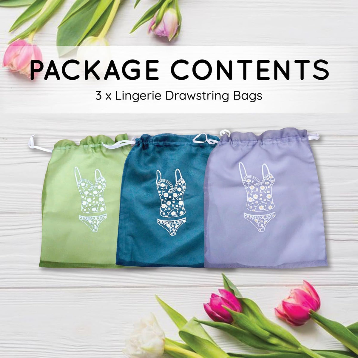 Lingerie Bag for Travel Set of 3, Women Lingerie Storage Bags with Drawstrings, Double-Layered Polyester Beach Bags for Swimwear, Underwear & Storage, 15x15 Inches (Green-Gray-Teal)