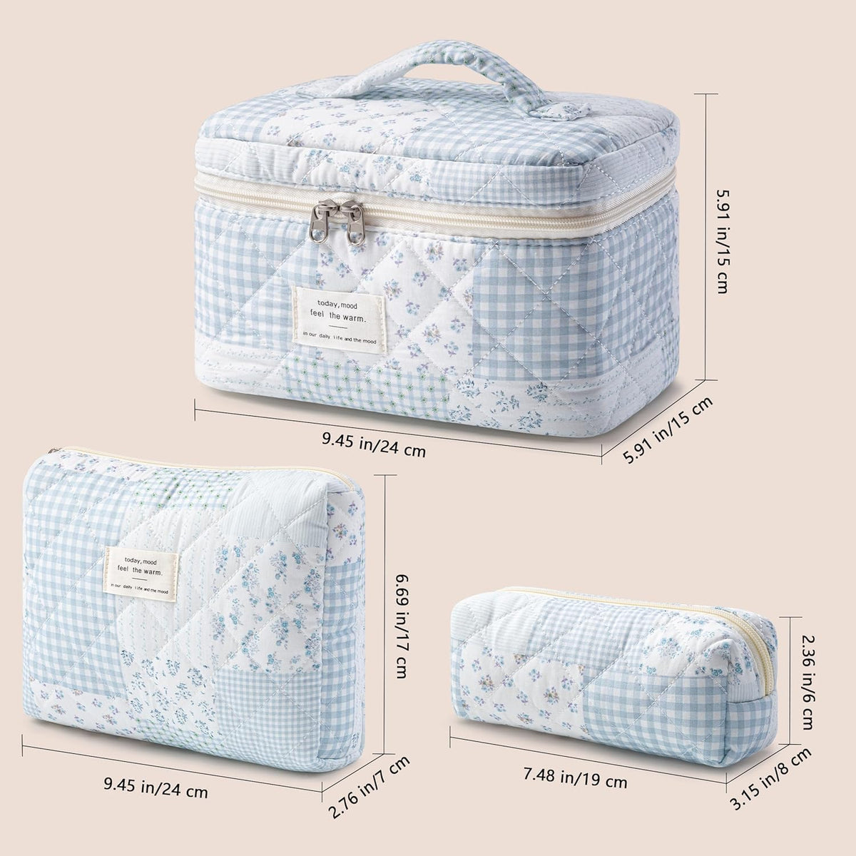HBselect Quilted Makeup Bag, 3PCS Cotton Large Travel Makeup Bag, Cute Floral Coquette Make up Bag Cosmetic Bag Toiletry Bag for Women Girls - Colors B