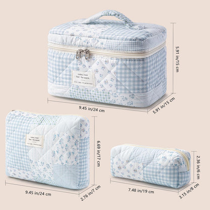 HBselect Quilted Makeup Bag, 3PCS Cotton Large Travel Makeup Bag, Cute Floral Coquette Make up Bag Cosmetic Bag Toiletry Bag for Women Girls - Colors B