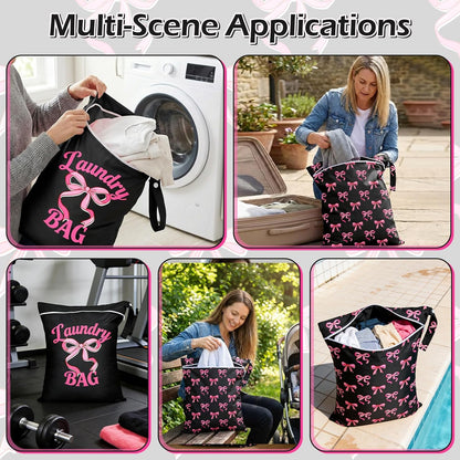 2 Pcs Large Travel Laundry Bags Waterproof Wet Dry Bag, Washable Dirty Clothes Bags for Travel，Drawstring, Bathing Suit, Workout, Gym Clothes Laundry, Swimming Pool & College Dorm, Pink Bow