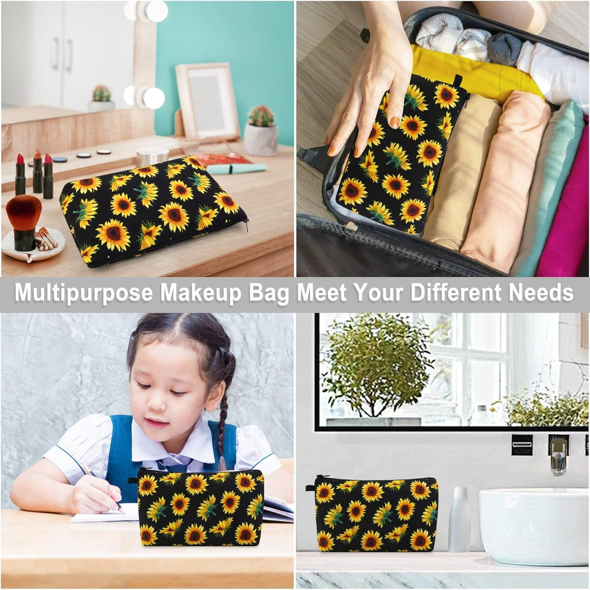 MAGEFY Small Makeup Bag, Portable Travel Cosmetic Bag Zipper Pouch Waterproof Makeup Pouch Multifunctional Small Bag for Women (1 pack, dark blue flower 0179)