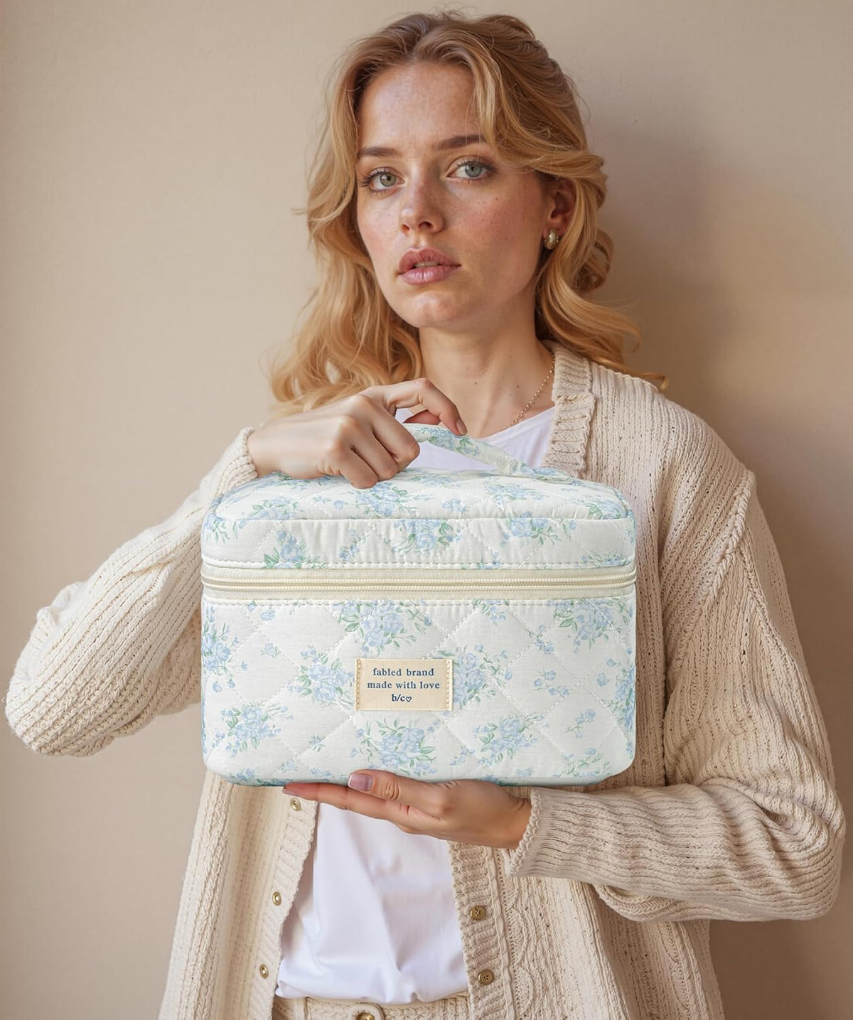 HBselect Quilted Makeup Bag, 3PCS Cotton Large Travel Makeup Bag, Cute Floral Coquette Make up Bag Cosmetic Bag Toiletry Bag for Women Girls - Colors B