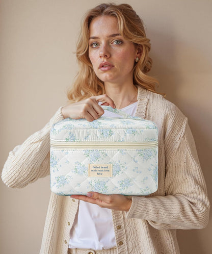 HBselect Quilted Makeup Bag, 3PCS Cotton Large Travel Makeup Bag, Cute Floral Coquette Make up Bag Cosmetic Bag Toiletry Bag for Women Girls - Colors B