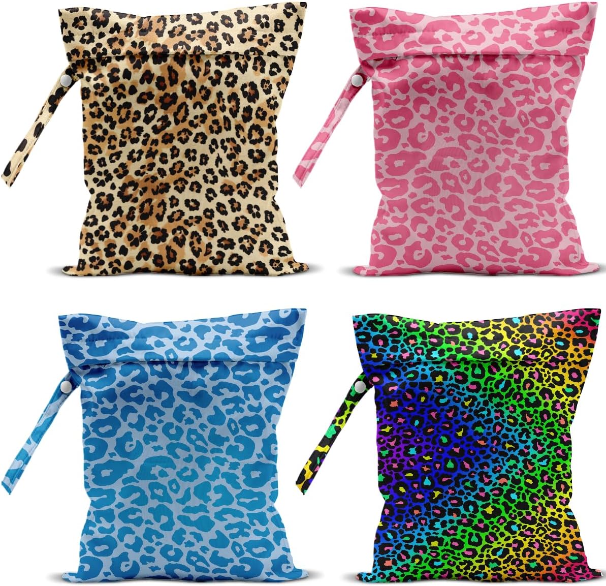 4 Pack Colorful Neon Leopard Print Wet Bag Waterproof Reusable Wet Dry Bag for Swimsuit Dirty Clothes Diaper Travel Pool Beach Yoga Gym Travel Party Birthday Christmas Toiletries Beach Essentials