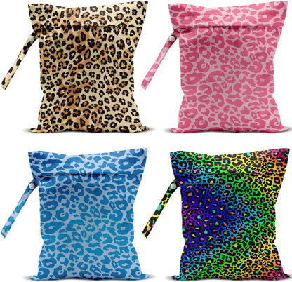 4 Pack Colorful Neon Leopard Print Wet Bag Waterproof Reusable Wet Dry Bag for Swimsuit Dirty Clothes Diaper Travel Pool Beach Yoga Gym Travel Party Birthday Christmas Toiletries Beach Essentials