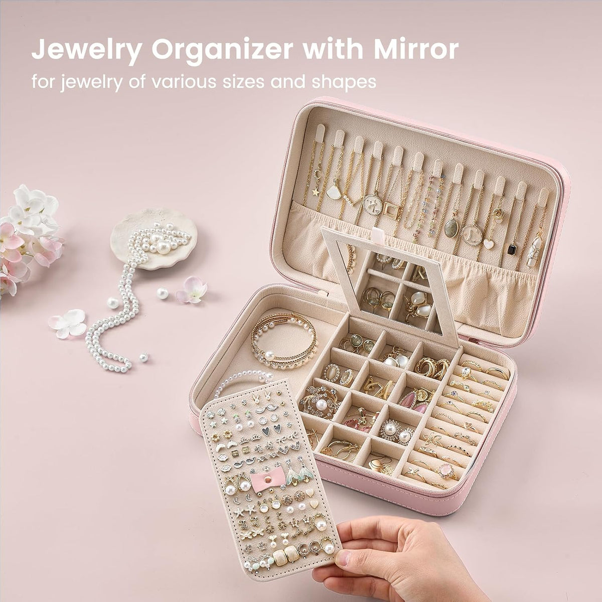 Lolalet Travel Jewelry Case for Women Girls, Travel Jewelry Organizer Box with Mirror & Clear Storage Bag, Small Portable Earring Necklace Bracelet Ring Case, Birthday Valentine Gifts -Medium, White