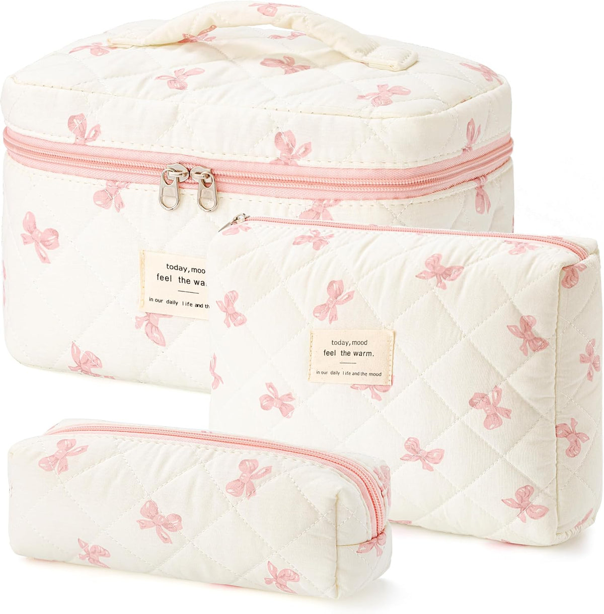 HBselect Quilted Makeup Bag, 3PCS Cotton Large Travel Makeup Bag, Cute Floral Coquette Make up Bag Cosmetic Bag Toiletry Bag for Women Girls - Colors A