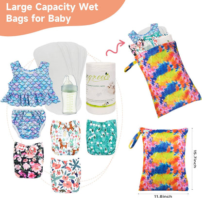 wegreeco Wet Dry Bag for Baby Swimsuit, Small Wet Dry Bag for Clothes Diaper and Breast Pump Parts, Large Baby bag for Travel,Gym Clothes,Beach,Pool,Extra Clothes (Chrysanthemum,2 Pack)
