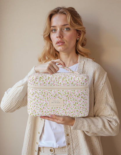 HBselect Quilted Makeup Bag, 3PCS Cotton Large Travel Makeup Bag, Cute Floral Coquette Make up Bag Cosmetic Bag Toiletry Bag for Women Girls - Colors B