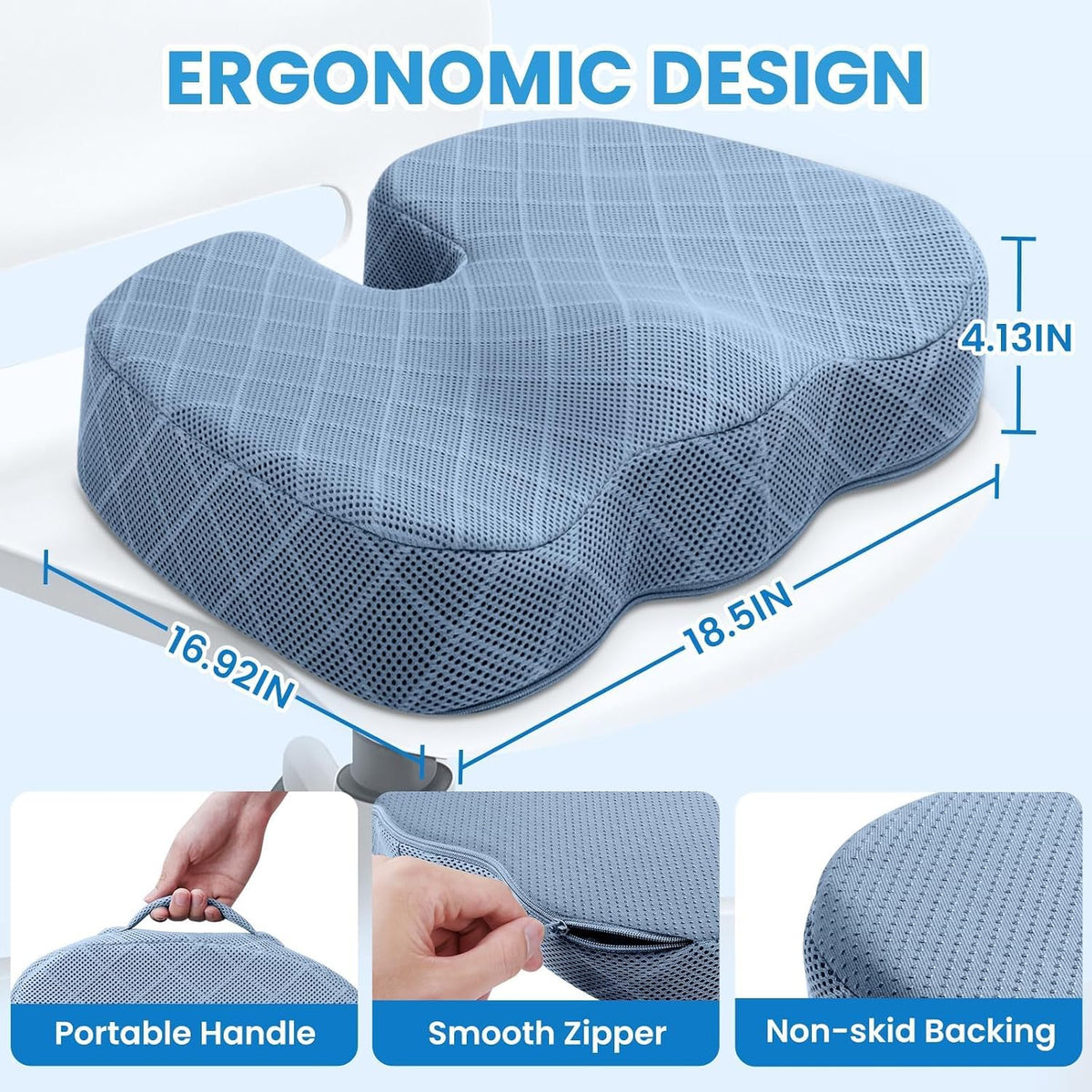 TushGuard Seat Cushion, Memory Foam Office Chair Cushion - Grey, Large