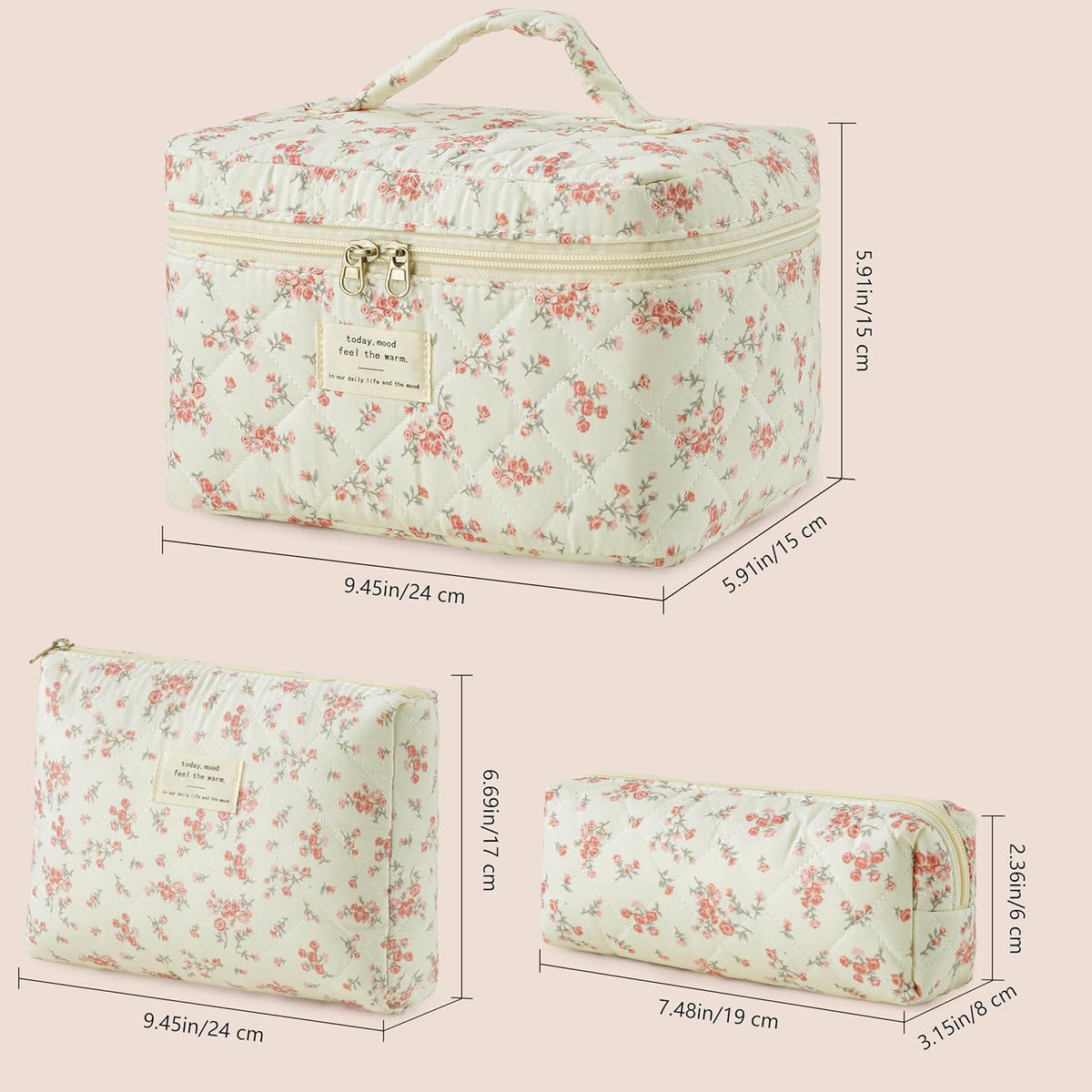 HBselect Quilted Makeup Bag, 3PCS Cotton Large Travel Makeup Bag, Cute Floral Coquette Make up Bag Cosmetic Bag Toiletry Bag for Women Girls - Colors B
