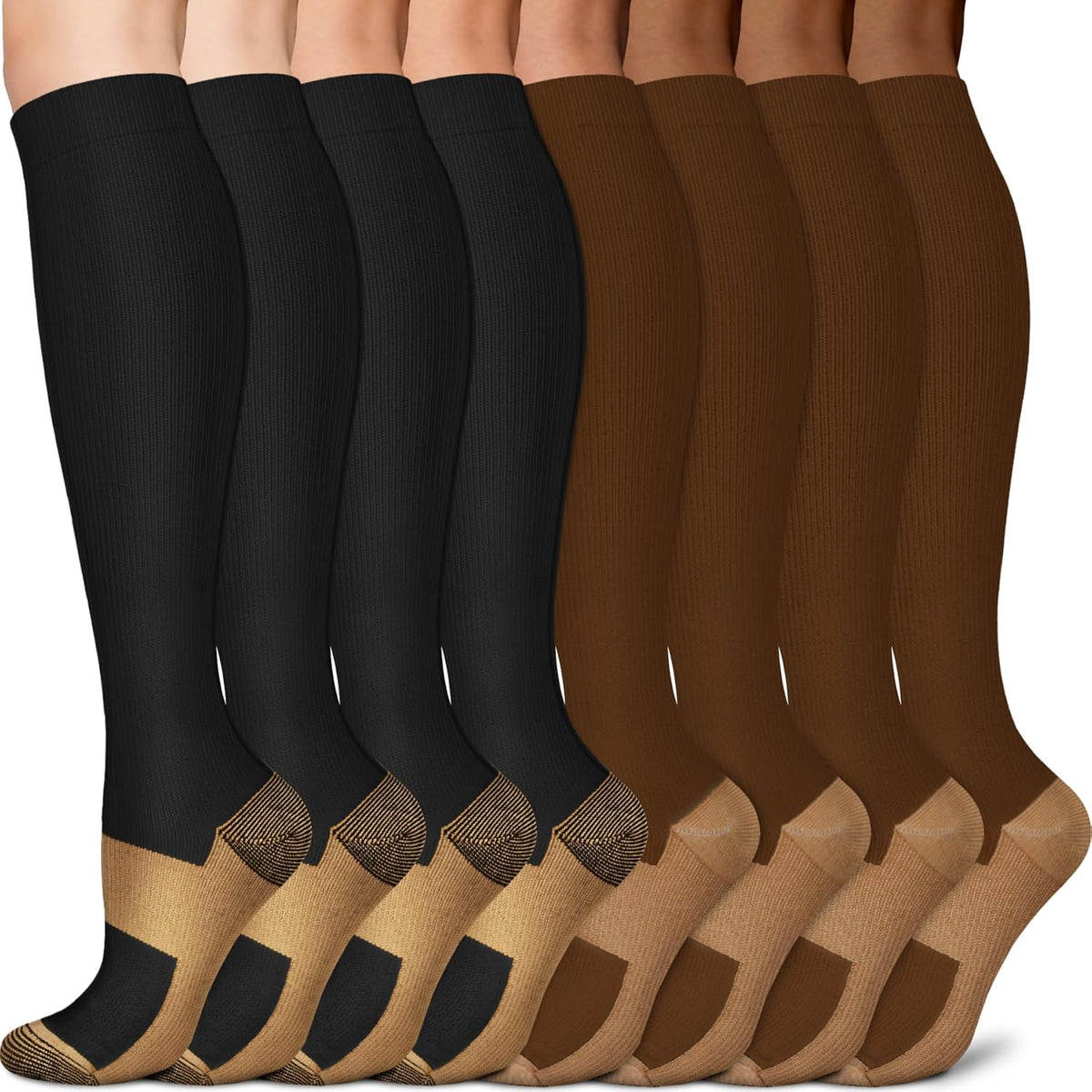Sooverki Copper Compression Socks for Men & Women 8 Pack 15-20mmHg - Knee High Stockings Best Support for Running Athletic