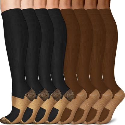 Sooverki Copper Compression Socks for Men & Women 8 Pack 15-20mmHg - Knee High Stockings Best Support for Running Athletic