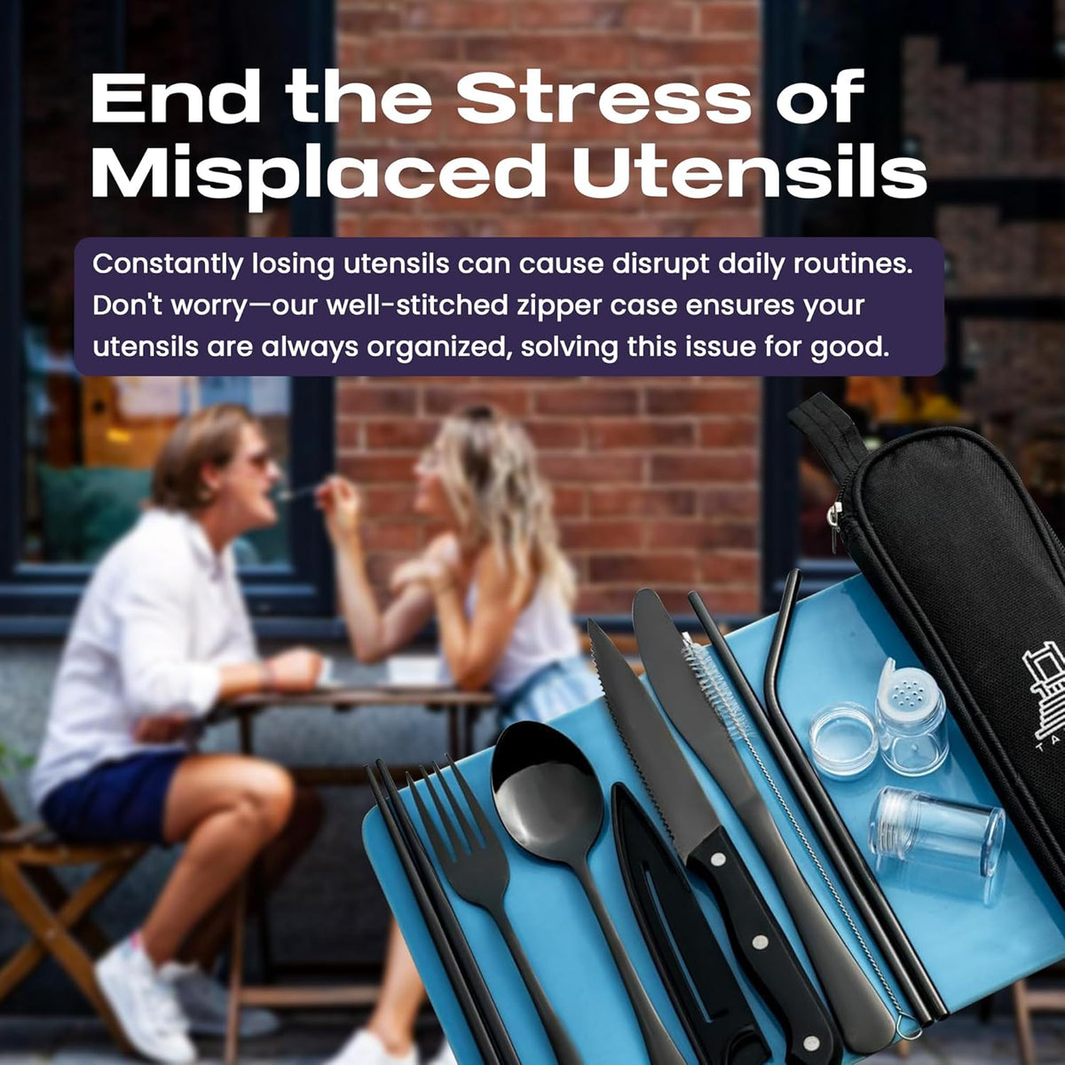 Taplord Portable Travel Silverware Set With Case, Includes of Travel Utensils With Case, Stainless Steel Flatware Set For Camping, Lightweight (Black)