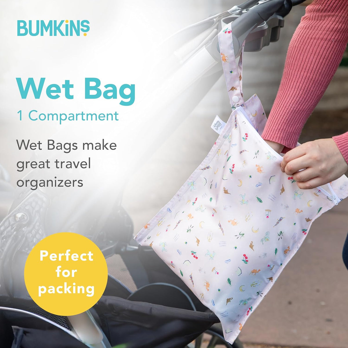 Bumkins Waterproof Wet Bag for Baby, Travel, Swim Suit, Cloth Diapers, Pump Parts, Pool, Beach, Gym Clothes, Toiletry, Hook to Stroller, Daycare, Zipper Reusable Wetdry Packing Pouch, Jungle