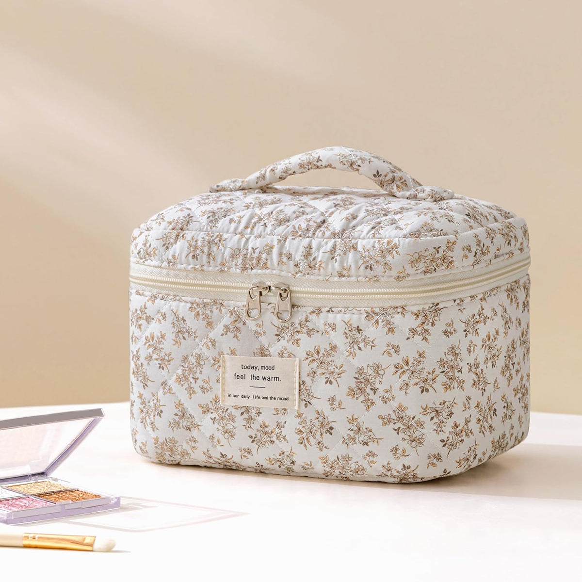 HBselect Quilted Makeup Bag, 3PCS Cotton Large Travel Makeup Bag, Cute Floral Coquette Make up Bag Cosmetic Bag Toiletry Bag for Women Girls - Colors B