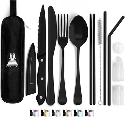 Taplord Portable Travel Silverware Set With Case, Includes of Travel Utensils With Case, Stainless Steel Flatware Set For Camping, Lightweight (Black)